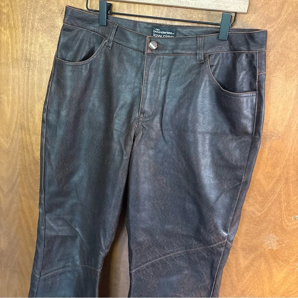 VINTAGE Chocolate Brown Patchwork Low Rise Faux Leather Flare Pants Y2K Goth 90s - Picture 5 of 16